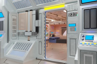 3 d演示。带窗户的宇宙飞船房间插图