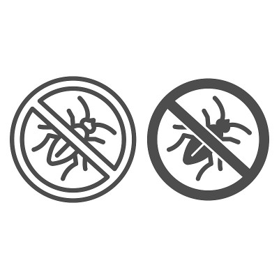 无昆虫线和固体图标，害虫控制概念，阻止蟑螂寄生虫警告标志在白色背景，防虫图标轮廓风格的移动概念和网页