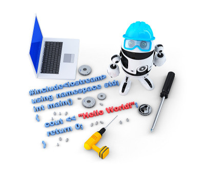 机器人与工具和程序源代码。技术的概念。孤立。包含剪切路径