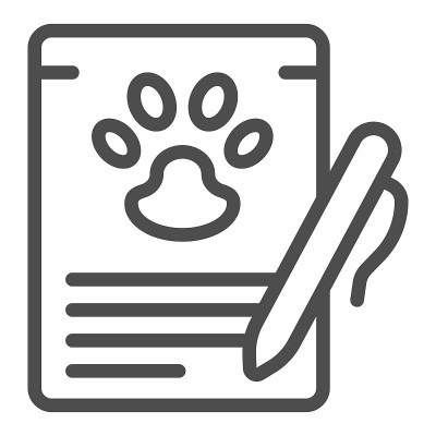 宠物检查表和笔线图标，动物医院概念，兽医宠物健康卡上的白色背景标志，医疗剪贴板与爪子图标在轮廓风格的