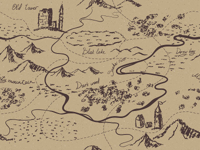 陈年梦幻复古无缝地图与山，建筑，树木，山丘，河流。