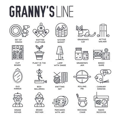 Set of grandmother`s house things thin line icons.