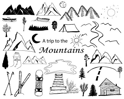 山涂鸦横幅图标。自然矢量插图手绘艺术。露营。乘汽车去山里旅行。滑雪和滑板滑雪