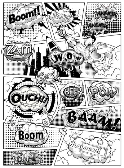 Black and white comic book page divided by lines w