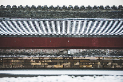 紫禁城城墙和护城河上的雪背景在冬天在北京在中国