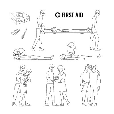 急救媒介插图设置在素描风格-医疗专家提供紧急护理病人。
