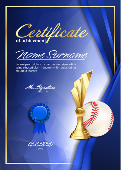 Baseball Certificate Diploma With Golden Cup Vecto