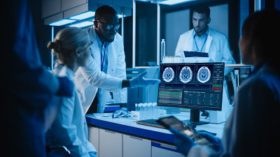 医学研究实验室会议:不同的科学家团队使用计算机显示MRI大脑扫描，讨论创新。大脑发育高级科学实验室。