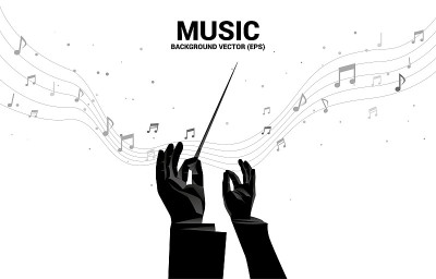 指挥家手的矢量剪影伴随着音乐旋律音符舞动流动。