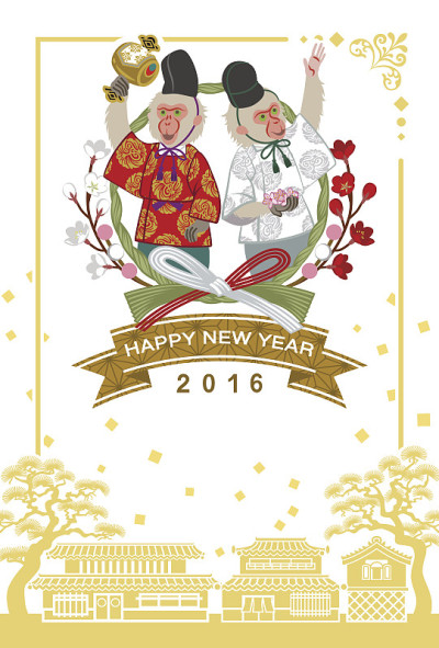 日本人穿两只猴子-日本新年卡片