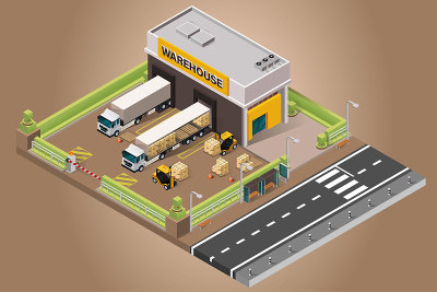 矢量等距仓库建筑。