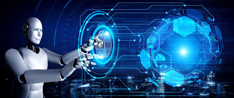 AI humanoid robot touching virtual hologram screen