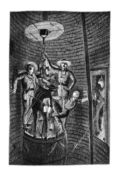 第一个世纪的美国插图——1873年——煤矿工人用升降机和人骑在上面