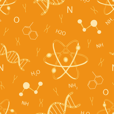 黄色背景上有DNA和原子的无缝载体图案。化学学生壁纸设计。装饰科学时尚纺织品。