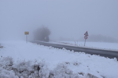 雪和雾在乡间小路上