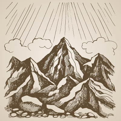 山和岩石与天空和云