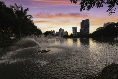 泰国曼谷，市中心公园的自然湖，有商业建筑和日落天空的背景