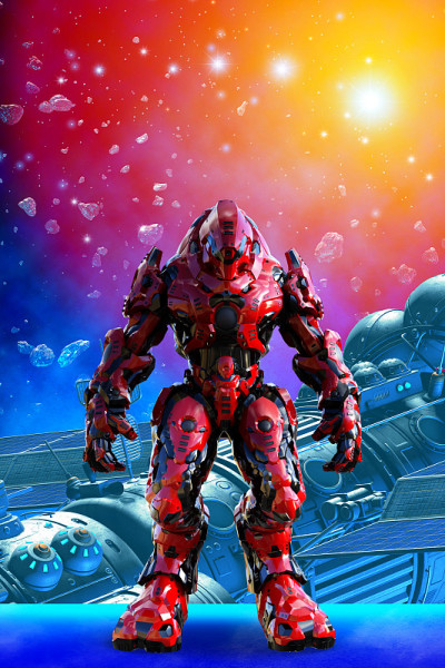 红色盔甲的外星机器人战士，3d插图