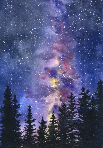 手绘水彩夜空与星星和树木。水彩画插图。
