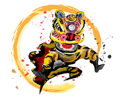 一只孤立的中国跳狮，颜色各异。