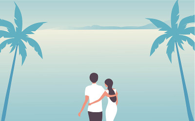 一对相爱的夫妇拥抱在海滩夏季矢量插图。浪漫的情侣和恋人概念