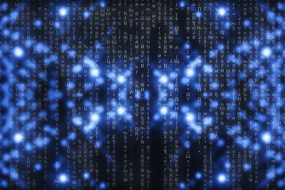 矩阵在蓝色数字背景。人物倒了。流的符号。闪亮的虚拟现实与复制空间。闪闪发光的背景。复杂的算法。下降的