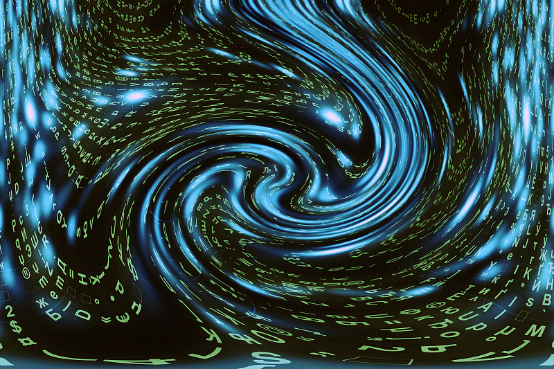 蓝绿色矩阵数字背景。扭曲的网络空间的概念。绿色人物掉入虫洞。入侵矩阵。虚拟现实设计。复杂的算法数据黑