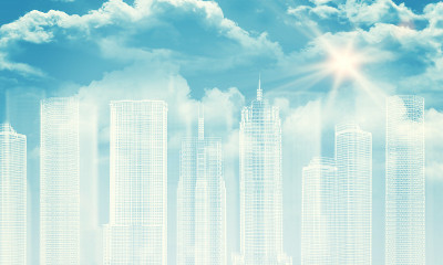 白框的建筑。天空与云彩同在，阳光如初