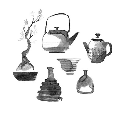 水墨画茶主题，茶壶、碗、陶瓷和盆景。极简主义禅宗风格。