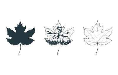 一套枫叶剪影，轮廓和神秘的设计。天上有山，有云，有月，有林。