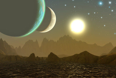 Alien Planet with mountains and Sea, two moons in 