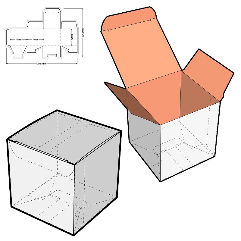 折叠盒(内部尺寸7x7x7cm)和模切模式。EPS文件是完全可扩展的。为真正的纸板生产准备。