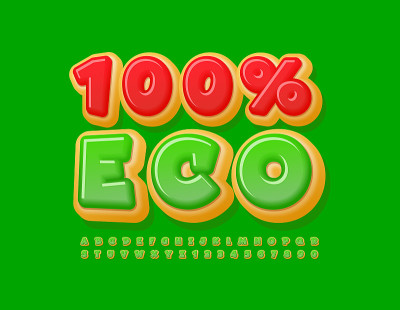 矢量彩色徽章100%生态。蛋糕甜甜圈字母和数字