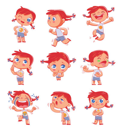 可爱的女孩有着不同的情感。Emoji贴纸的情绪
