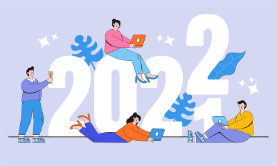 “2022年新年快乐”概念与一群人庆祝在平面设计。从2021年到2022年开始新年倒计时。矢量插图的
