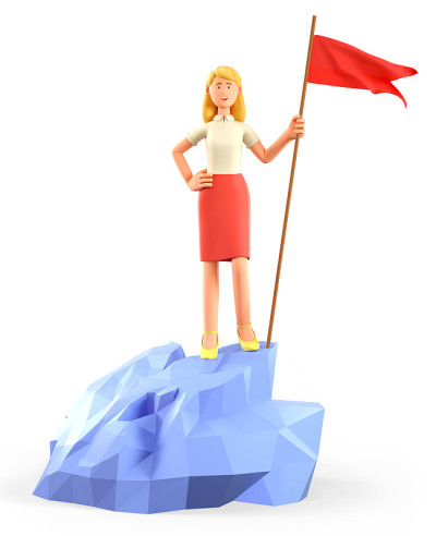美丽的金发女人在山顶升起一面红旗的3D插图。卡通快乐的女商人在成功的顶峰上达到目标。目标达成，领导理