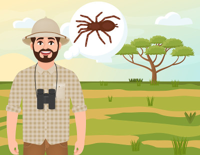 Happy man in cork hat, animal hunter thinks about 