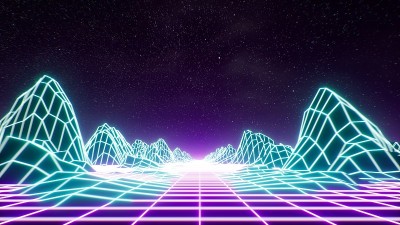 辉光霓虹灯合成波网格山复古背景3D渲染
