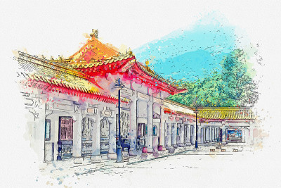 台湾基隆耶芬名刹金山寺水彩画。