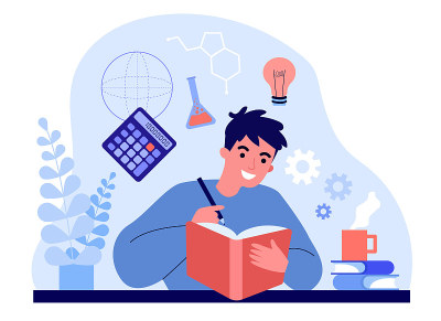 男学生从书本上学习科学