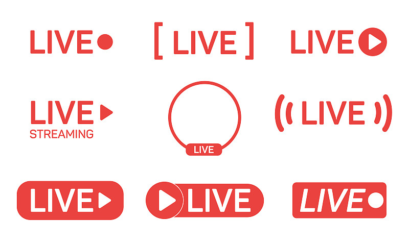 一组直播流媒体图标。直播、直播、在线直播的红色符号和按钮。矢量图