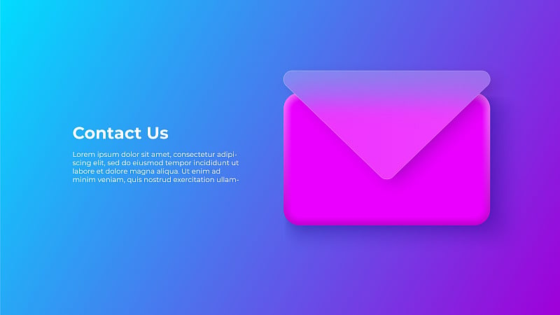 Glassmorphism我们的联系概念与3d邮件图标。磨砂玻璃效果。插图上模糊梯度矢量背景
