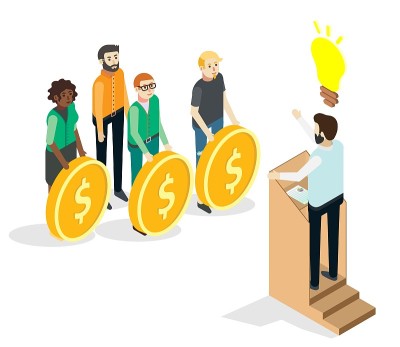 众筹展示，对创意或创业的金融投资，平面矢量等距演示。