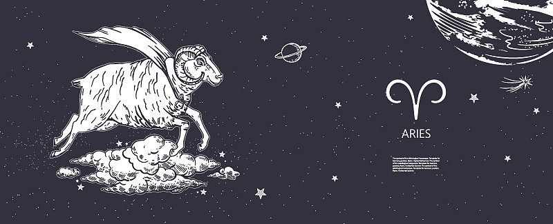 十二星座白羊座。一只披着超级英雄斗篷的公羊在云层中飞翔。