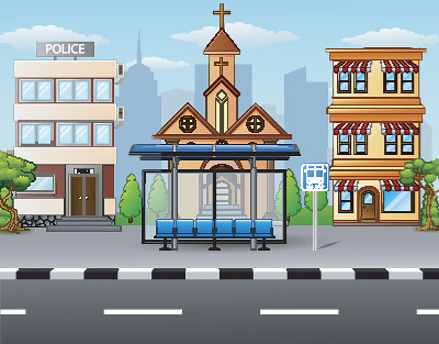 有公交车站和建筑的城市景观