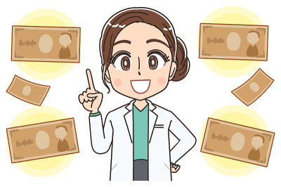 穿着白大褂的漂亮医生。关于钱的形象。