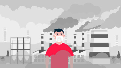 Confused boy wearing massk against smog. Fine dust