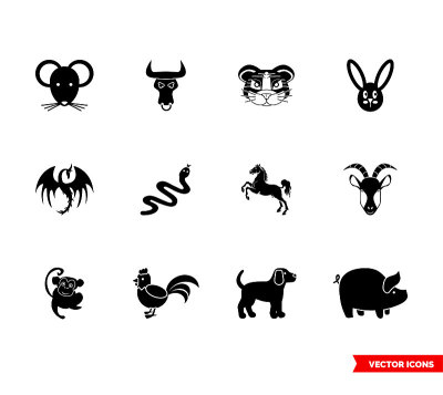 Chinese zodiac icon set of black and white types. 