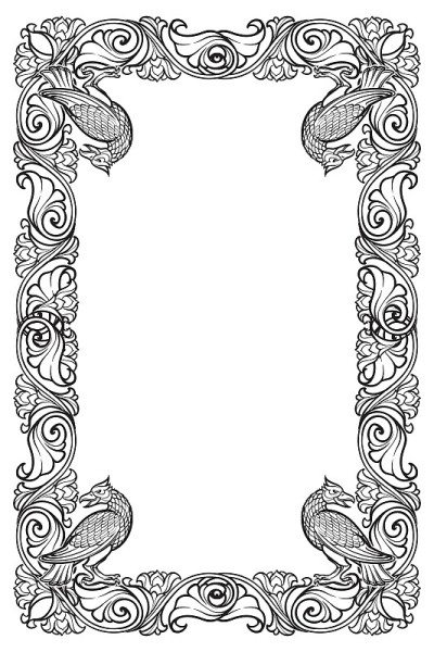 Floral rectangular frame with birds. Fairy tale st
