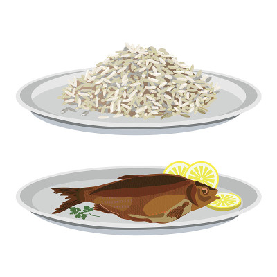 盛有米饭和炸鱼的盘子